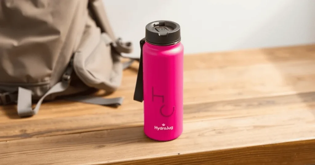 Pink HydroJug Traveler water bottle on a wooden bench next to a beige backpack.