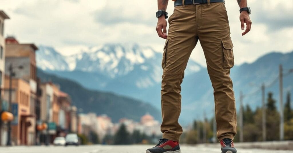 A man wearing khaki traveler pants standing on a street with a scenic mountain backdrop.