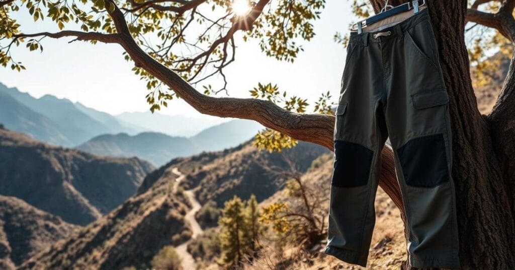 A pair of traveler pants hanging from a tree branch with a scenic mountain trail in the background.