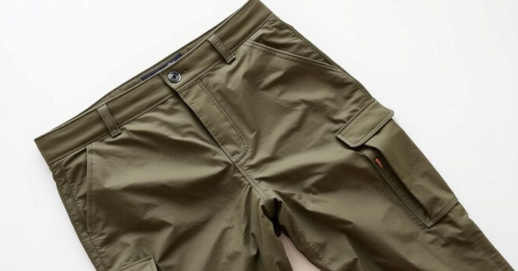 Close-up of olive-green traveler pants with utility pockets on a white background.