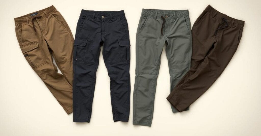 Close-up of olive-green unisex traveler pants with utility pockets on a white background.