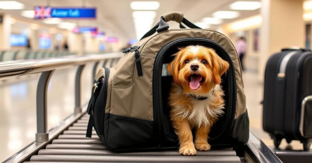 Airline-approved dog travel bag with a dog peeking out, placed on an airport conveyor belt.