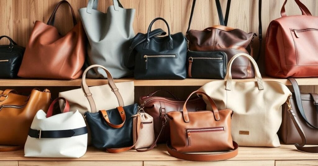 A collection of travel bags women prefer, neatly displayed on a wooden shelf.