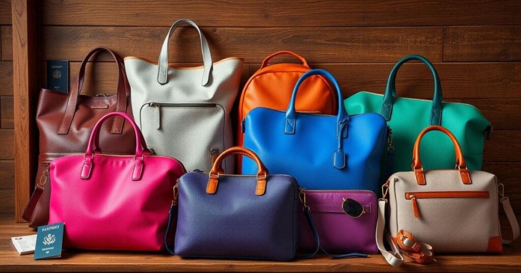 A variety of colorful travel bags women love, including totes, backpacks, and crossbody bags, beautifully displayed on a wooden shelf.