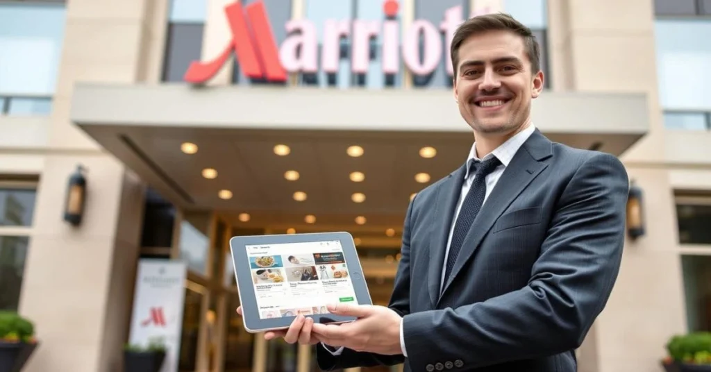 A Marriott travel agent standing in front of a Marriott hotel, holding a tablet displaying special offers or promotions.