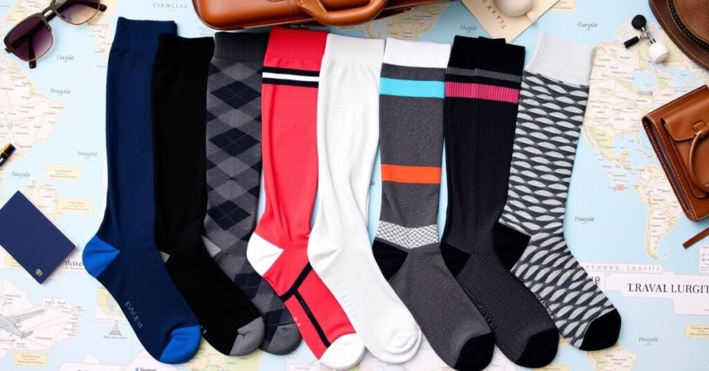 Assortment of high-quality compression socks for travel displayed on a travel-themed background with suitcase, passport, and accessories.