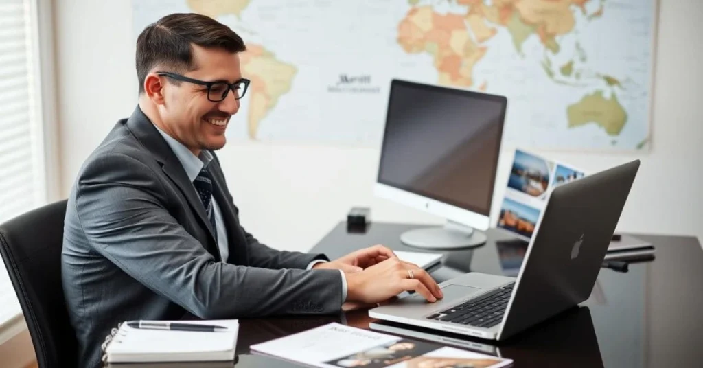 A Marriott travel agent browsing Marriott website on a laptop, surrounded by travel brochures and a world map.