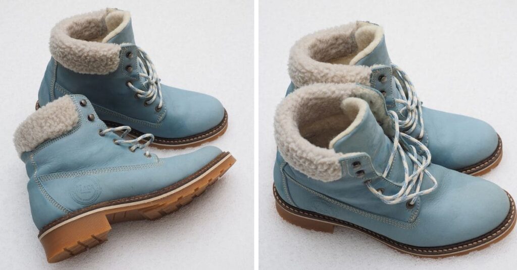 Pair of light blue winter boots with fur lining, offering warmth and style for wide-foot travelers.