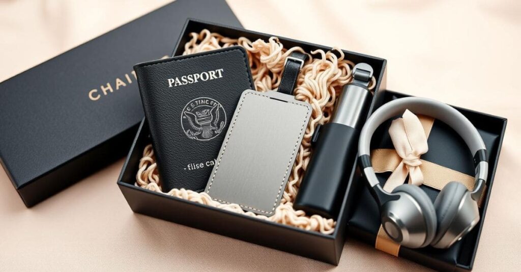 Best traveller gifts for corporate clients, featuring premium travel accessories like a leather passport holder, sleek luggage tag, and noise-canceling headphones.