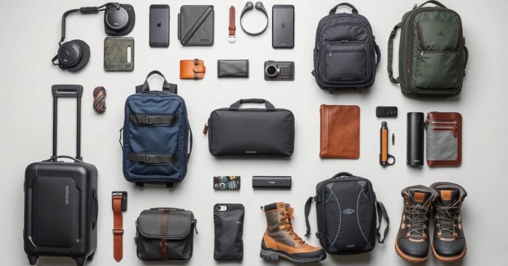 Travel gear and accessories for men, including a backpack, packing cubes, power bank, and travel wallet, ideal for practical travel gifts.