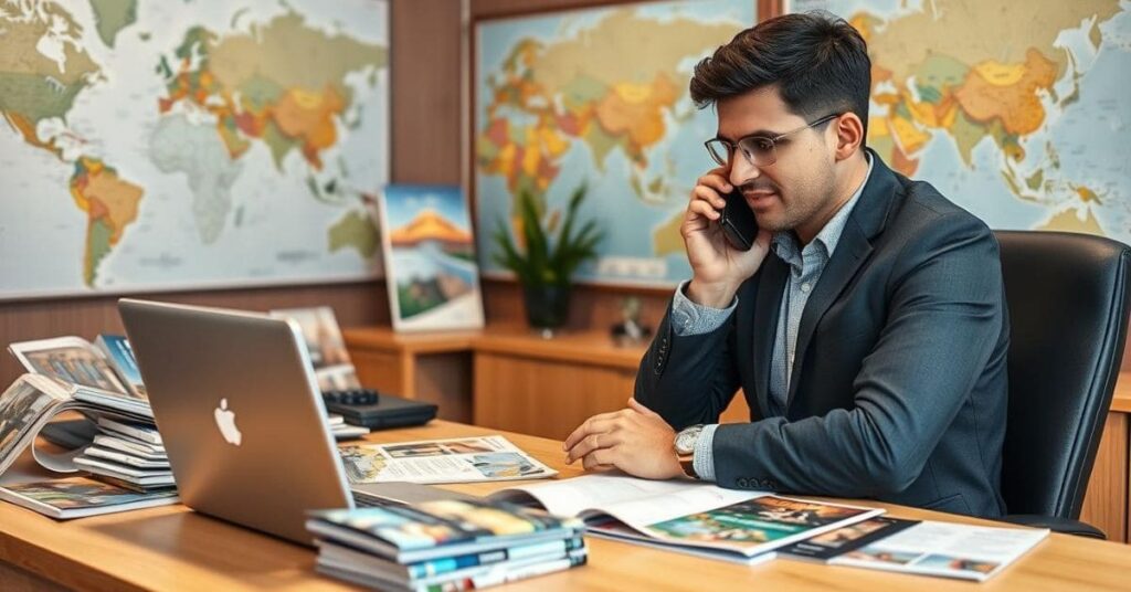 Male travel agent discussing travel plans at a desk with brochures, laptop, and world map, highlighting the potential of a travel agent salary.