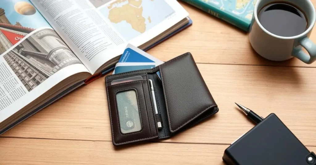 Close-up of a high-quality travel wallet with compartments for cards, cash, and documents, placed next to a guidebook, pen, and coffee.