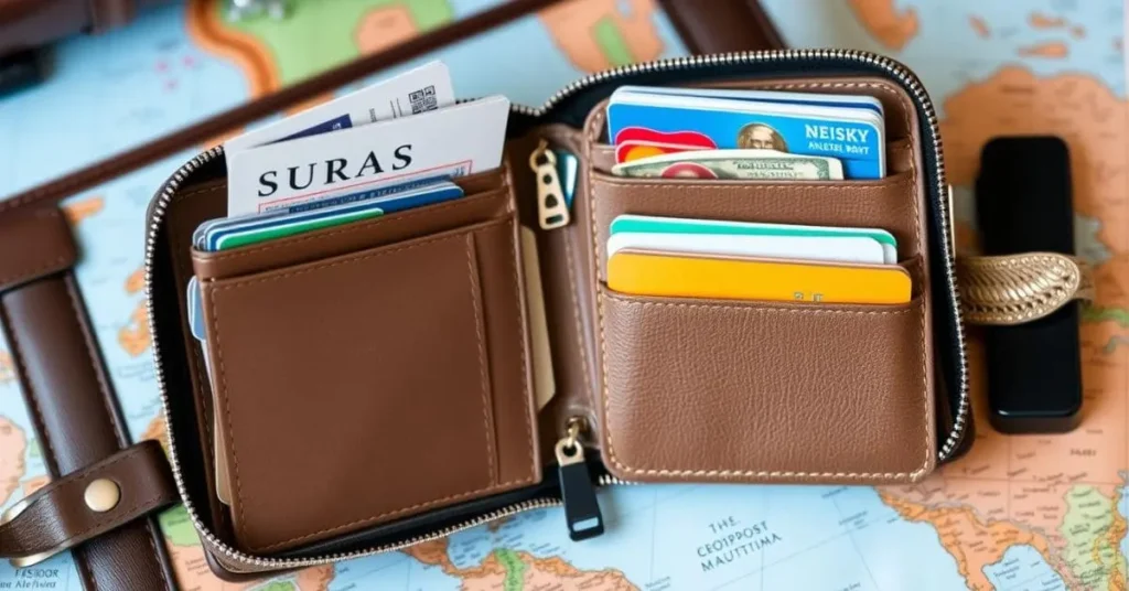 Open travel wallet with compartments holding a passport, tickets, credit cards, and cash on a travel-themed background.