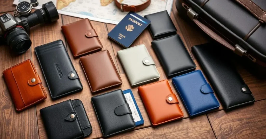 A variety of travel wallets in different styles and colors on a wooden surface with travel accessories like a camera, suitcase, and map in the background.