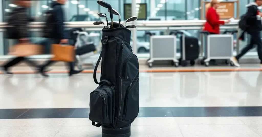 A black golf travel bag standing upright in an airport terminal with people walking in the background.