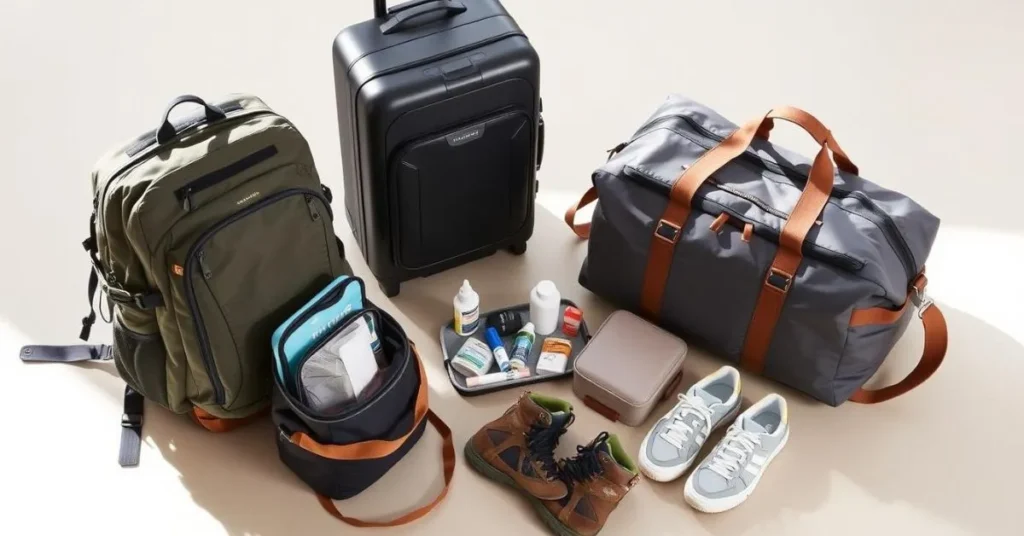 A collection of good bags for traveling countries in 3 weeks, featuring an olive-green backpack, a black suitcase, a gray duffel bag with brown straps, and essential travel items like hiking boots, sneakers, and toiletries.