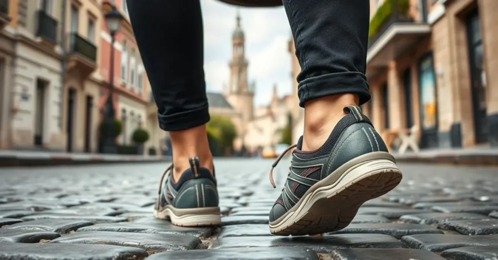 Best women's walking shoes for travel in Europe, worn by a woman walking on cobblestone streets in a scenic European city.