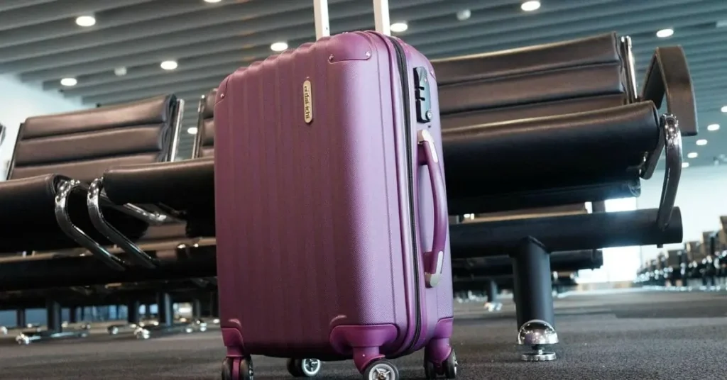 A single purple suitcase in an airport terminal.