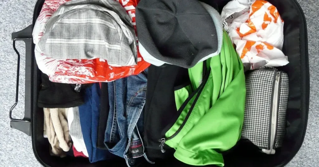 A close-up of a suitcase packed with clothes for a 3-week trip to Japan.