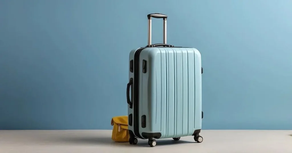 A blue suitcase and a small yellow bag, perfect for 3 week travel Japan.