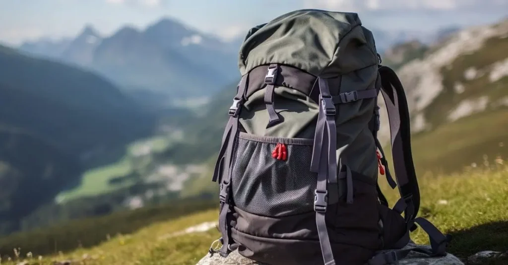 A durable hiking backpack placed on a grassy hillside, with mountains in the background, showcasing the best gift for a traveler.