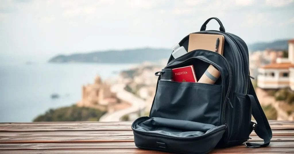 A stylish travel backpack for women on a wooden table, showcasing organized compartments with travel essentials and a scenic backdrop.