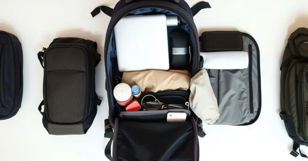 Overhead view of a travel backpack for women being packed with clothes, toiletries, and accessories, organized with packing cubes.