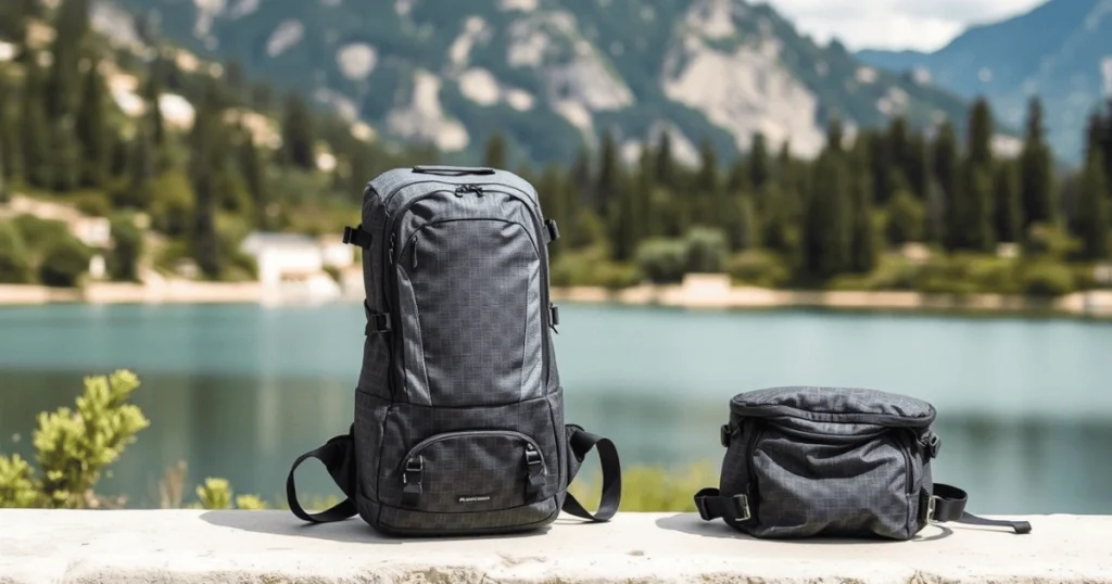 A sleek travel backpack and a compact travel pouch for women displayed on a stone ledge with a scenic lake and mountains in the background.