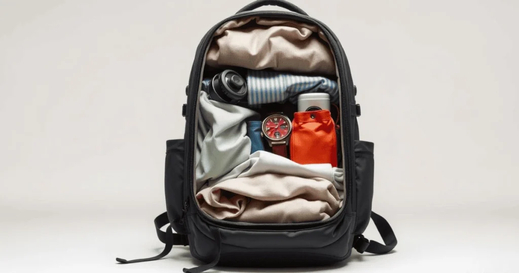 A travel backpack for women neatly packed with clothes, accessories, and essentials, showcasing its organized compartments.