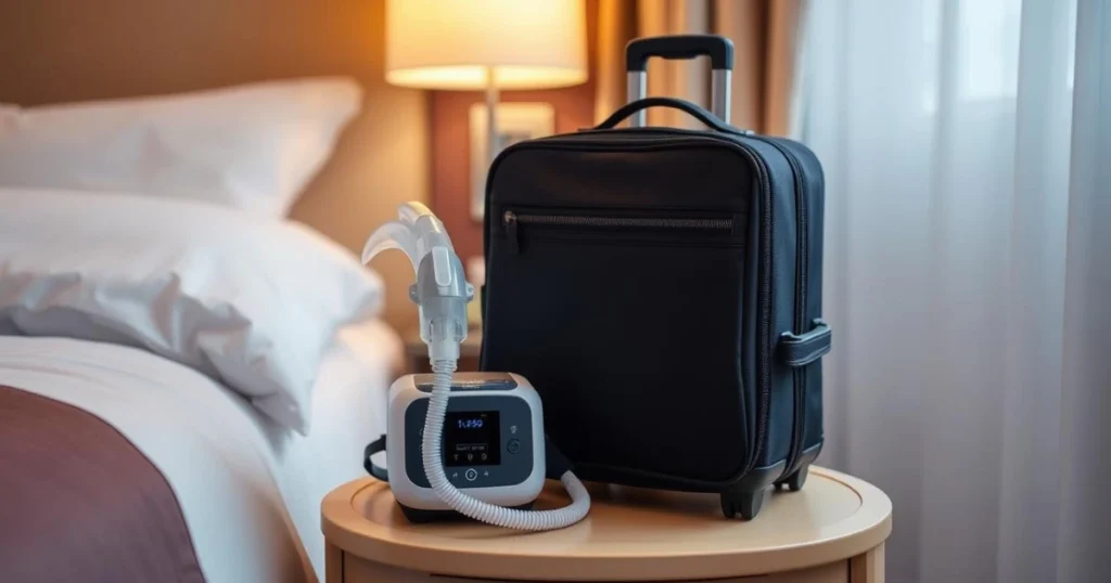 A travel CPAP machine on a hotel nightstand next to a suitcase, in a cozy and peaceful hotel room setting.