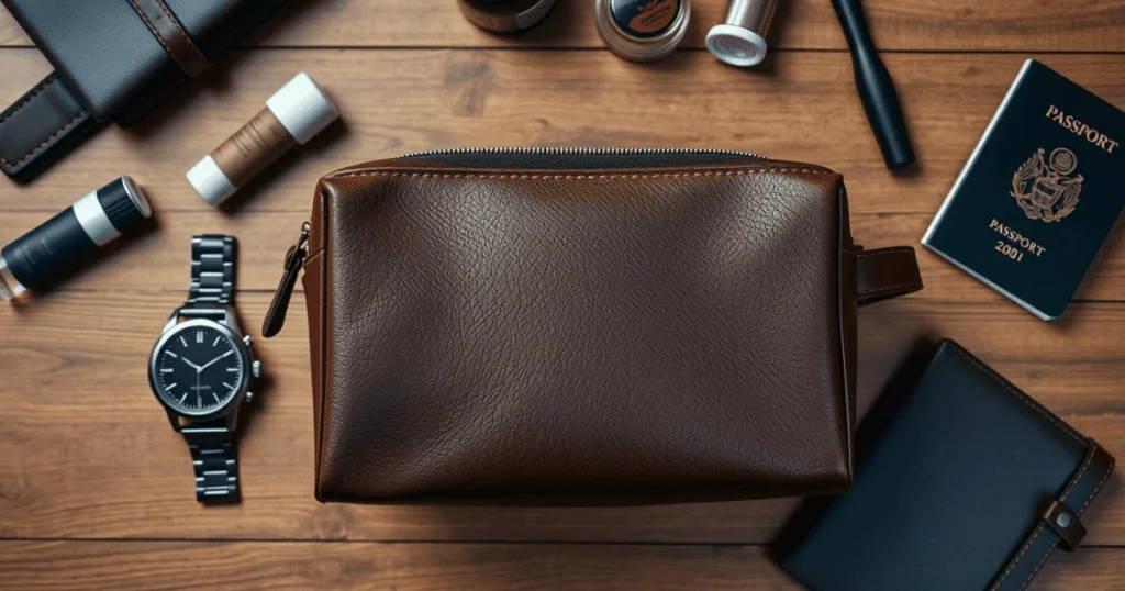 A premium mens leather toiletry bag placed on a wooden surface alongside travel essentials like a watch, grooming products, and a passport.