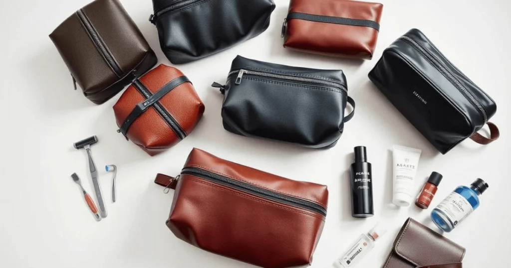 A variety of men's leather toiletry bags, along with travel essentials like razors, toothbrushes, and skincare items, displayed on a clean surface.