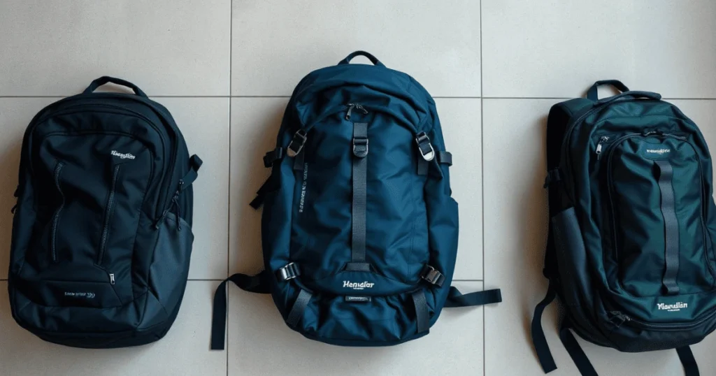 Different types of travel backpack for men: a carry-on, hiking, and daypack displayed side by side.