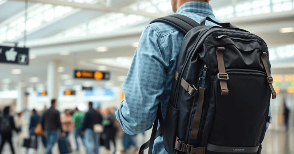 Man with a durable travel backpack for men at an airport, showcasing strong straps, zippers, and compartments.