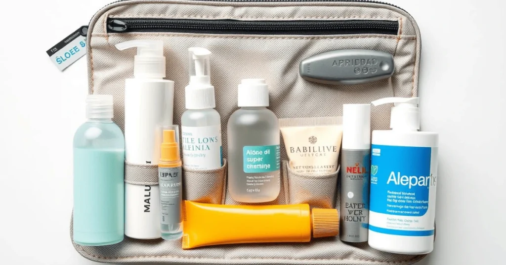 A neatly organized flat pack travel toiletries kit featuring various small bottles, tubes, and containers arranged in a compact fabric case.