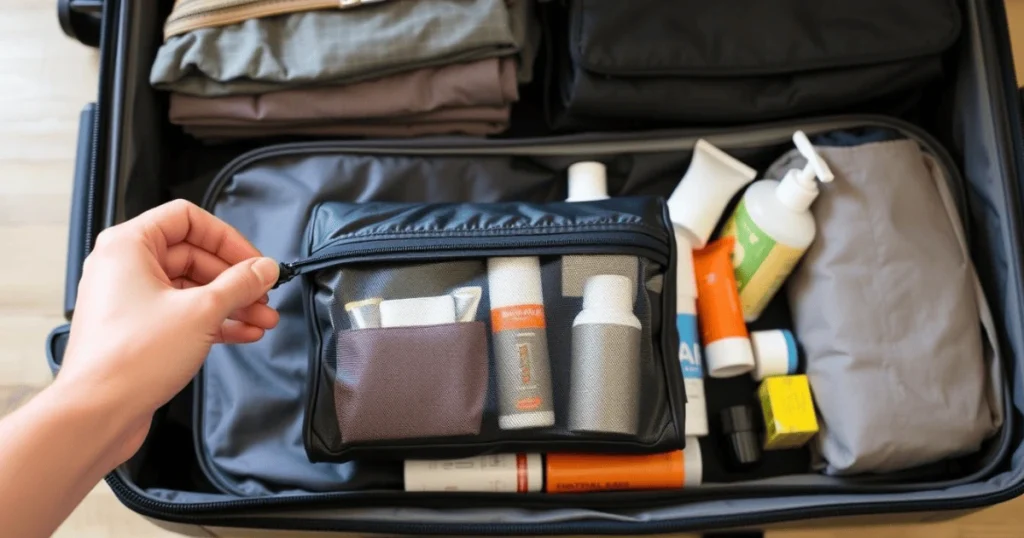 A hand holding a mesh toiletry bag with flat pack travel toiletries, neatly packed inside a suitcase.