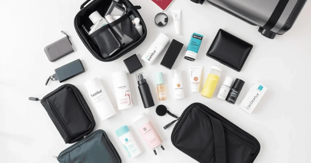 Flat lay of flat pack travel toiletries, toiletry bags, and essentials for organized packing.