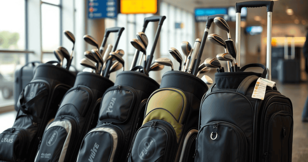 A row of golf travel bags with golf clubs at an airport terminal, showcasing durable designs and convenient handles.