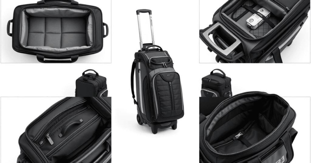 Collage of durable and stylish golf travel bags with multiple compartments and features for secure travel.