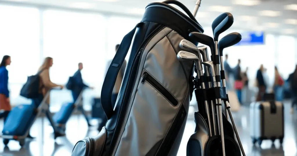 A close-up of a sleek golf travel bag with golf clubs, set in an airport terminal with travelers and suitcases in the background.