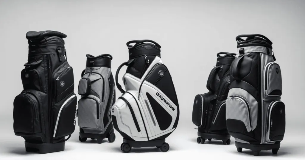 A collection of stylish and durable golf travel bags featuring wheels and multiple compartments for convenience.