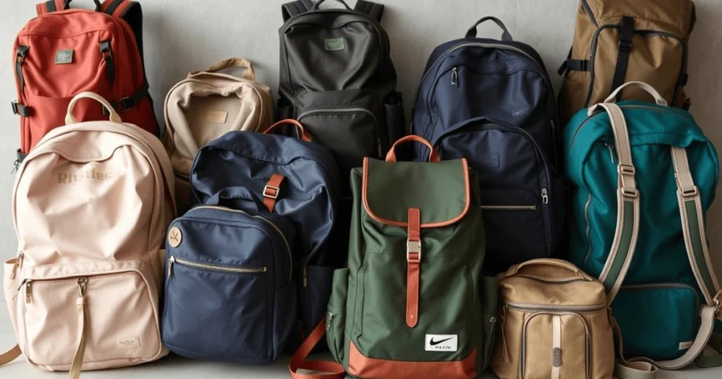 A collection of travel backpacks for women in various colors and styles displayed against a neutral background.