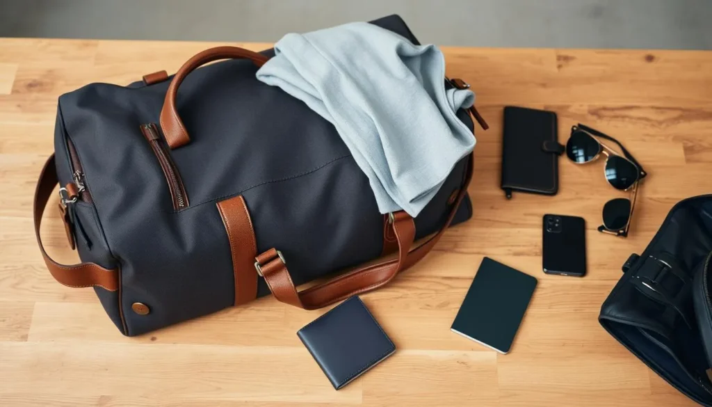 A navy-blue bag for travel for men with brown leather accents on a wooden table, accompanied by a folded shirt, sunglasses, a wallet, a smartphone, and other essentials.