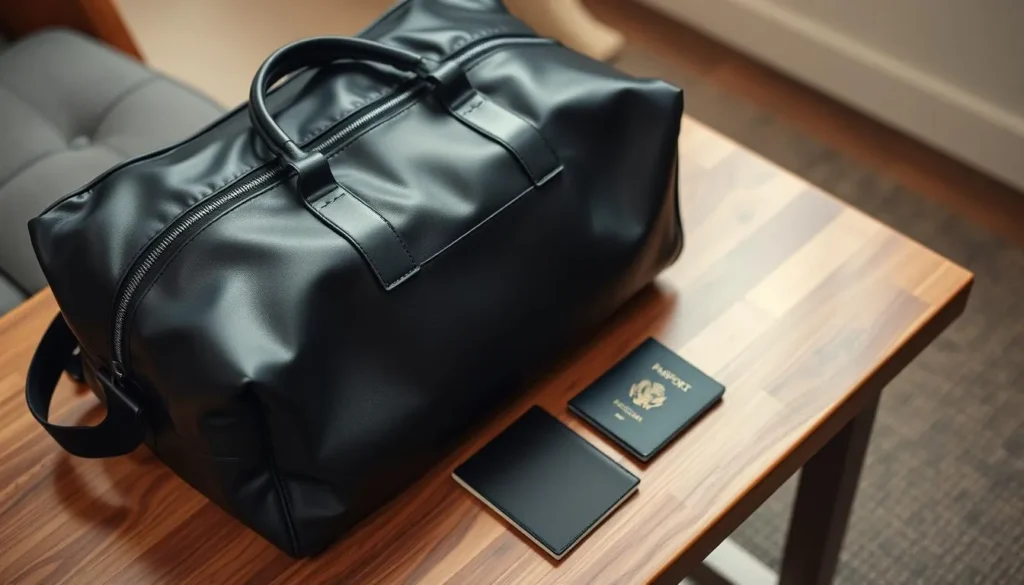 A black leather bag for travel for men placed on a wooden table with a notebook, passport, and sunglasses.