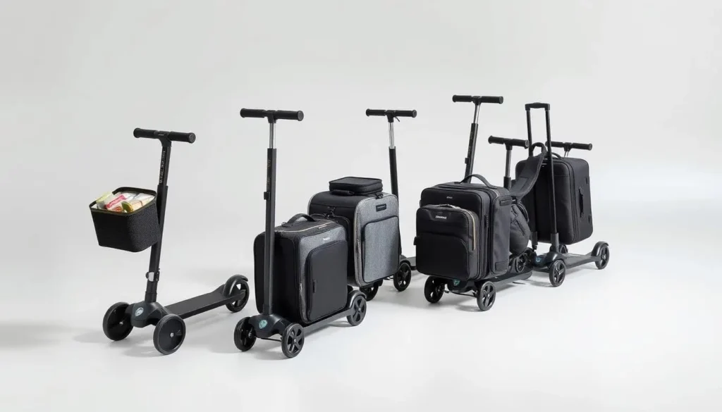 A lineup of innovative travel bag scooters, each featuring integrated luggage designs for convenience and mobility.