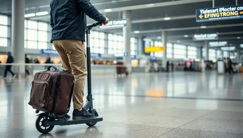 Person riding a travel bag scooter in an airport terminal.