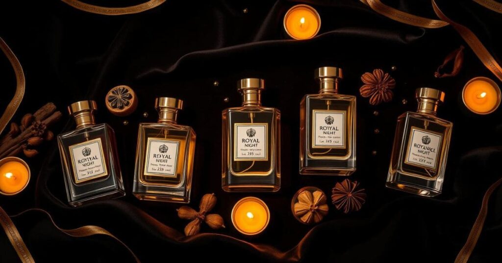 A travel-sized collection of The One Royal Night Travel Size perfumes, showcasing elegant bottles with golden accents, perfect for on-the-go luxury.