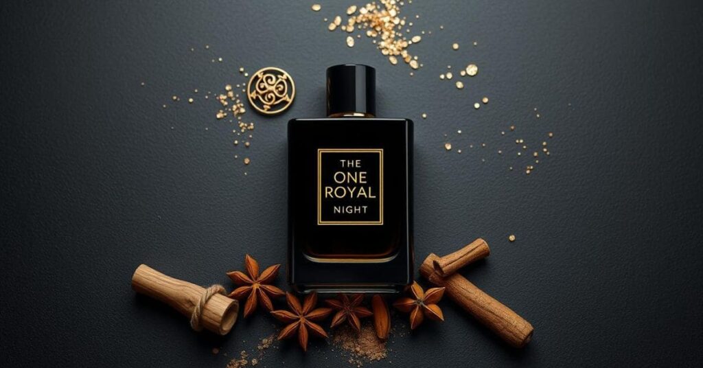 A sleek, travel-sized bottle of 'The One Royal Night' perfume, featuring a golden design and luxurious details, perfect for on-the-go elegance.