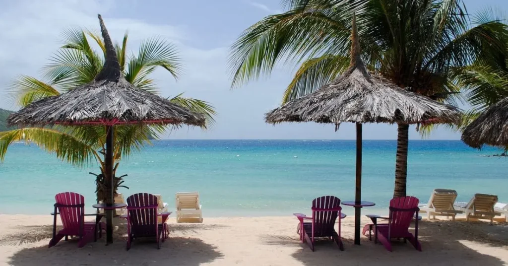 A tropical beach in Aruba with thatched umbrellas, palm trees, and colorful lounge chairs overlooking the turquoise ocean.