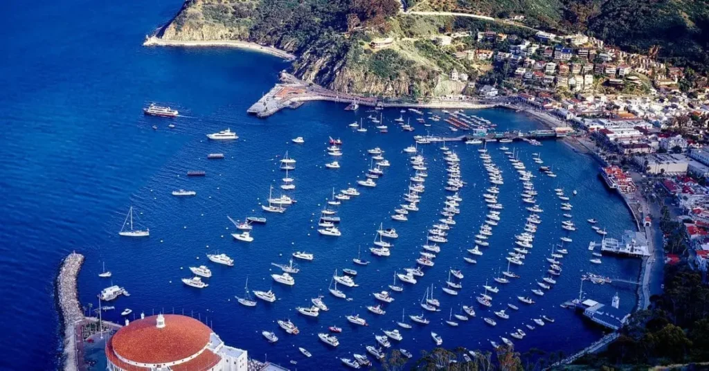 Aerial view of Avalon Harbor showcasing the best things to do in Catalina Island, with boats anchored in deep blue waters, the iconic Catalina Casino, and a scenic coastal town.